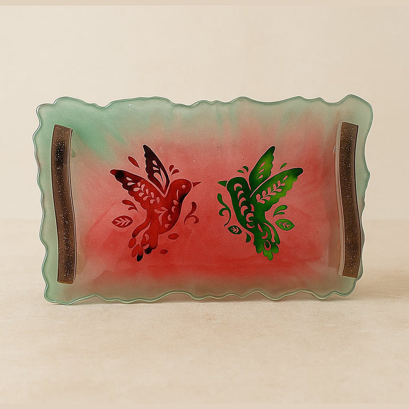 Plateau colibri rouge et vert en résine époxy avec poignées – ELOPOXY