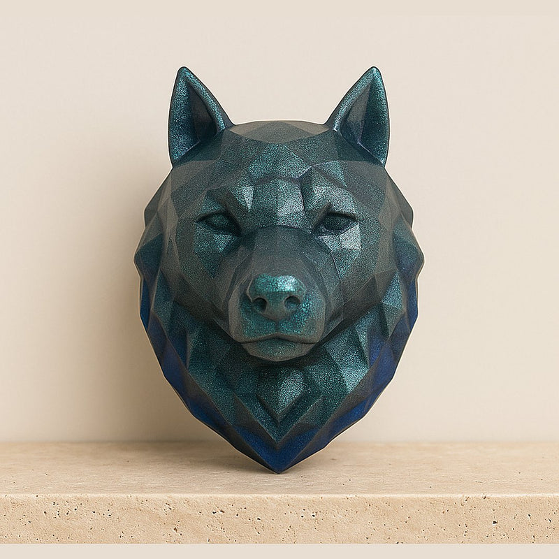 Tête de loup géométrique bleu et vert en résine époxy – ELOPOXY